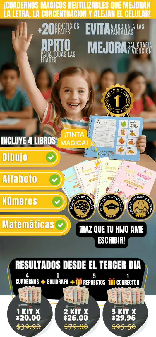 Cuadernos mágicos reutilizables premium que mejoran la letra, la concentración y alejan el celular. 📚✨